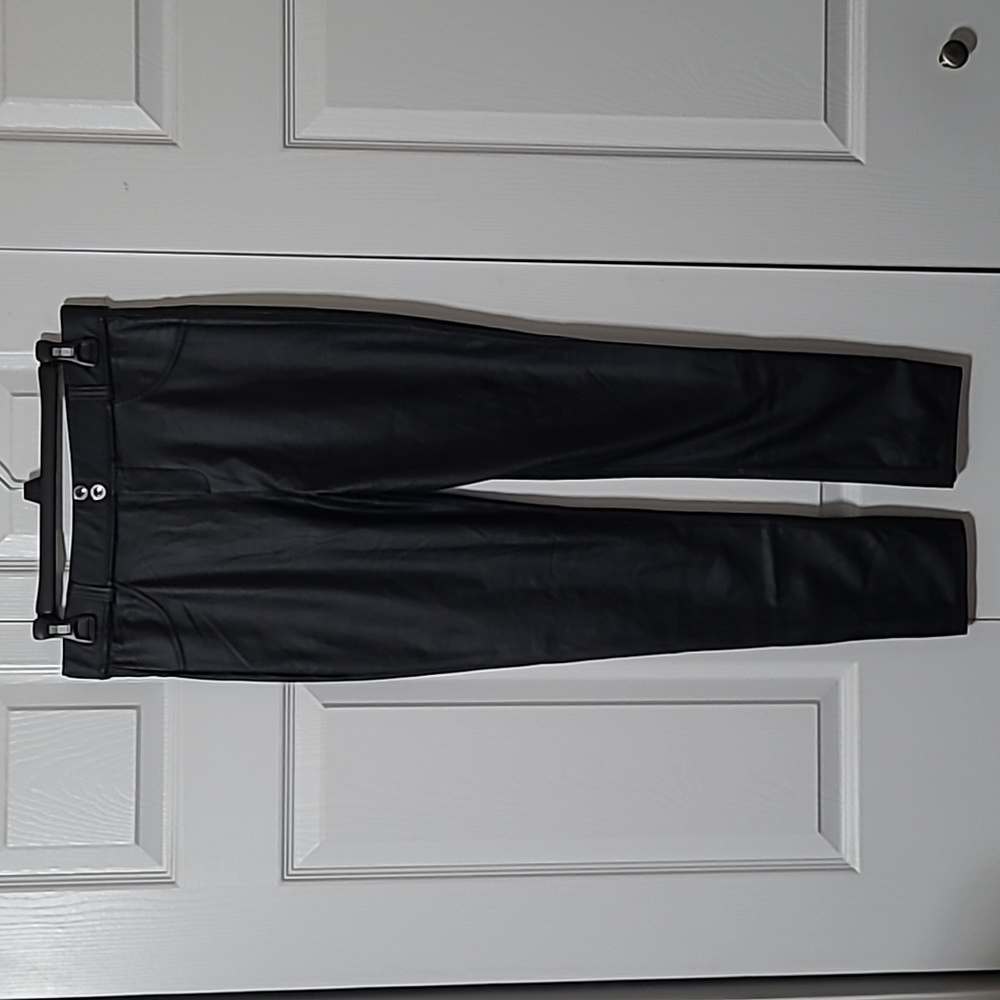 Black Faux Leather Pants, no brand or size tag, belt loops, Excellent Condition